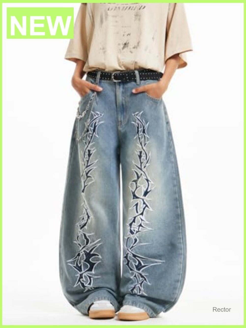 Men’s Hip-Hop Embroidered Baggy Jeans Loose Fit Denim Trousers - Picture 5 of 6